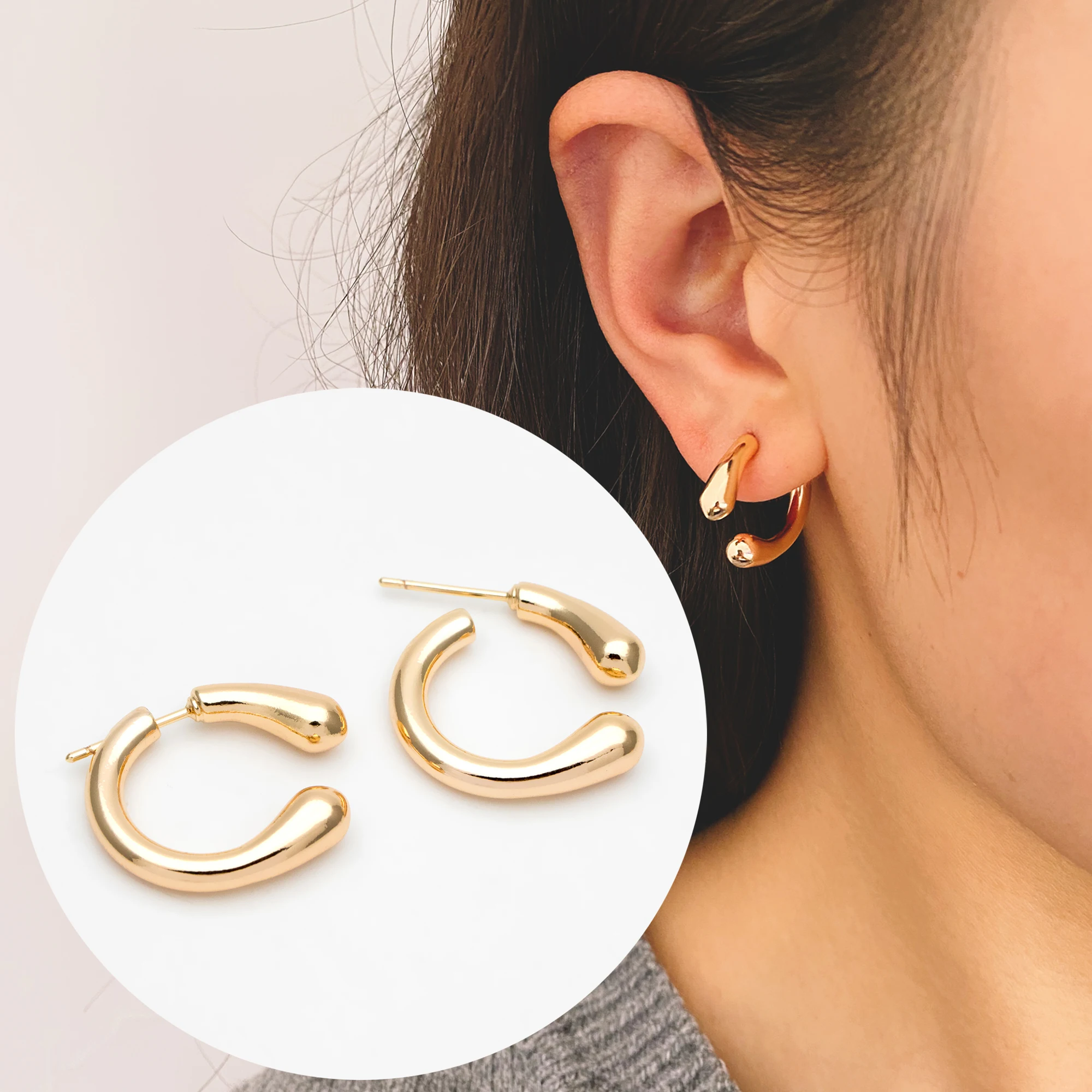 

4pcs Curved Bar Ear Post with Ear Back, C Shaped Earring Posts, 18K Gold Plated Earring Studs (GB-3394)