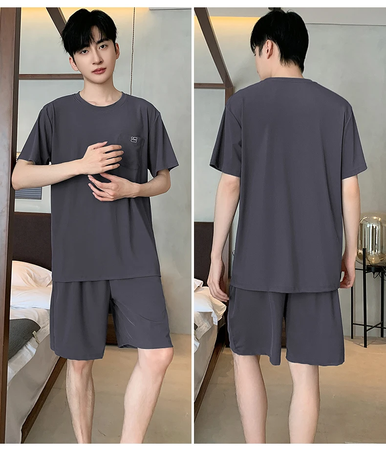 Sommerliches neues Herren-Pyjama-Set, kurzärmeliges Homewear-Set für Herren, einfarbig, lässiges Pyjama-Set für Teenager und Studenten. – Detail 7
