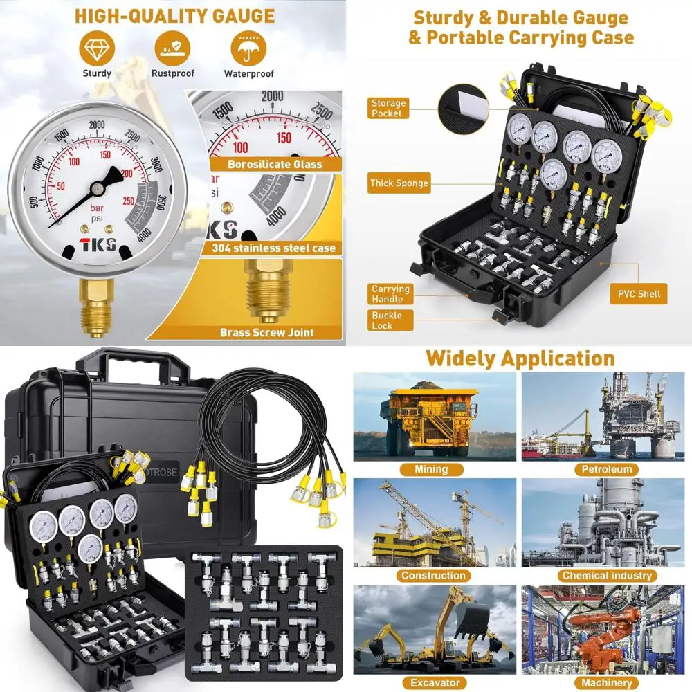 

Комплект для проверки гидравлического давления 600 бар с 5 манометрами, 13 соединителями, 14 тройниками, 5 шлангами для экскаваторов