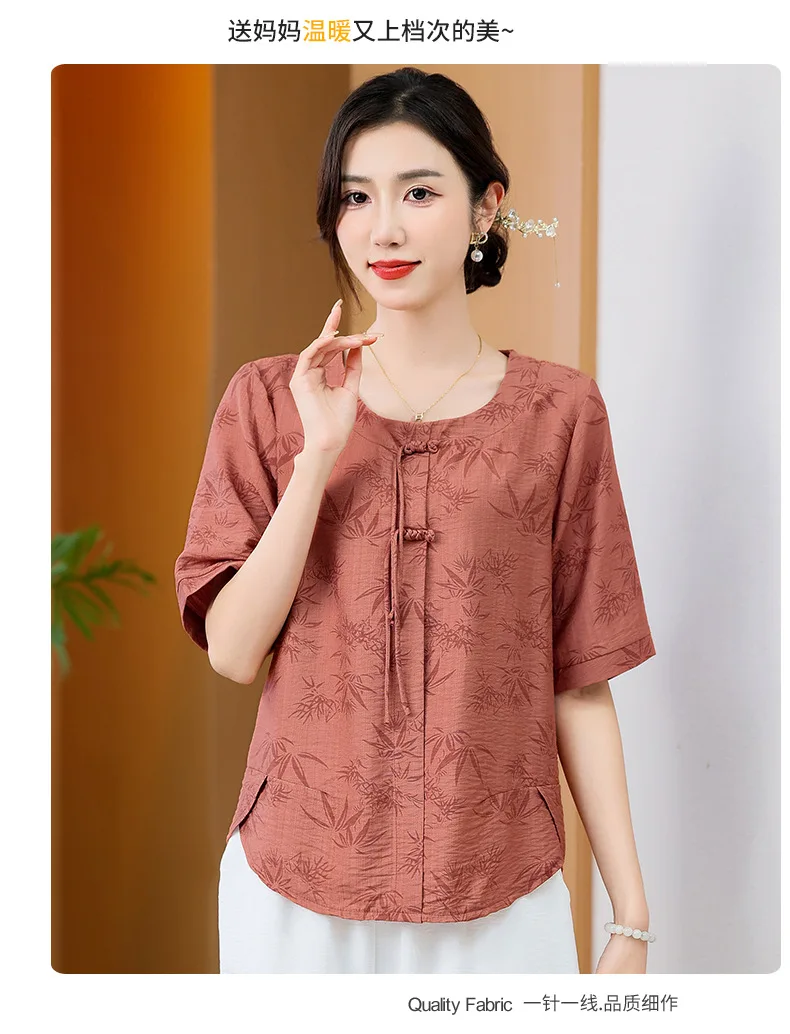 

women frog shirt summer loose fit shirt flower printing shirt Chinese style Middle sleeve middlle sleeve shirt top