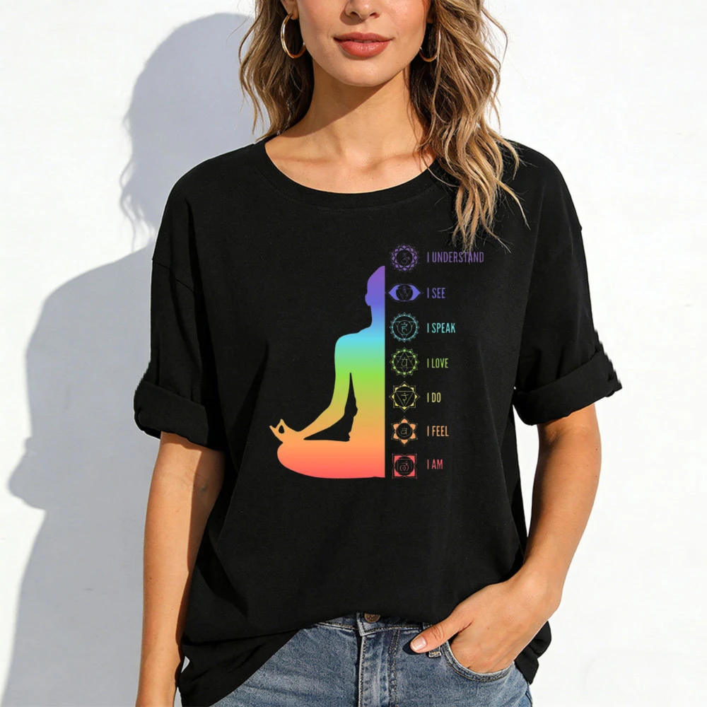 T-shirt d'affirmation des chakras pour femmes, yoga, méditation, spirituel, avec design « I Am I Feel Do I Love », motif chakra arc-en-ciel, vêtements pour femmes