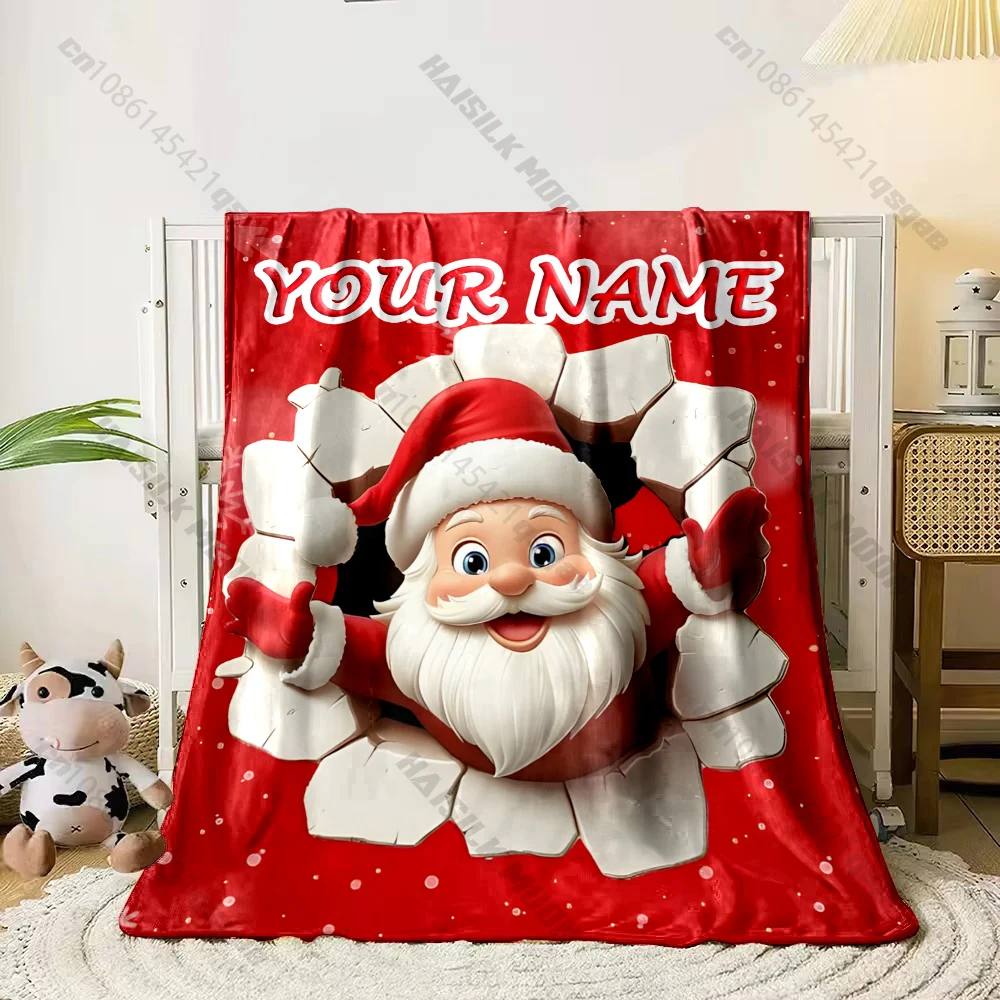 Personalized Custom Name Break Through Wall Santa Claus Blanket, Christmas Cartoon Blanket, Custom Text Xmas Home Decor Gift