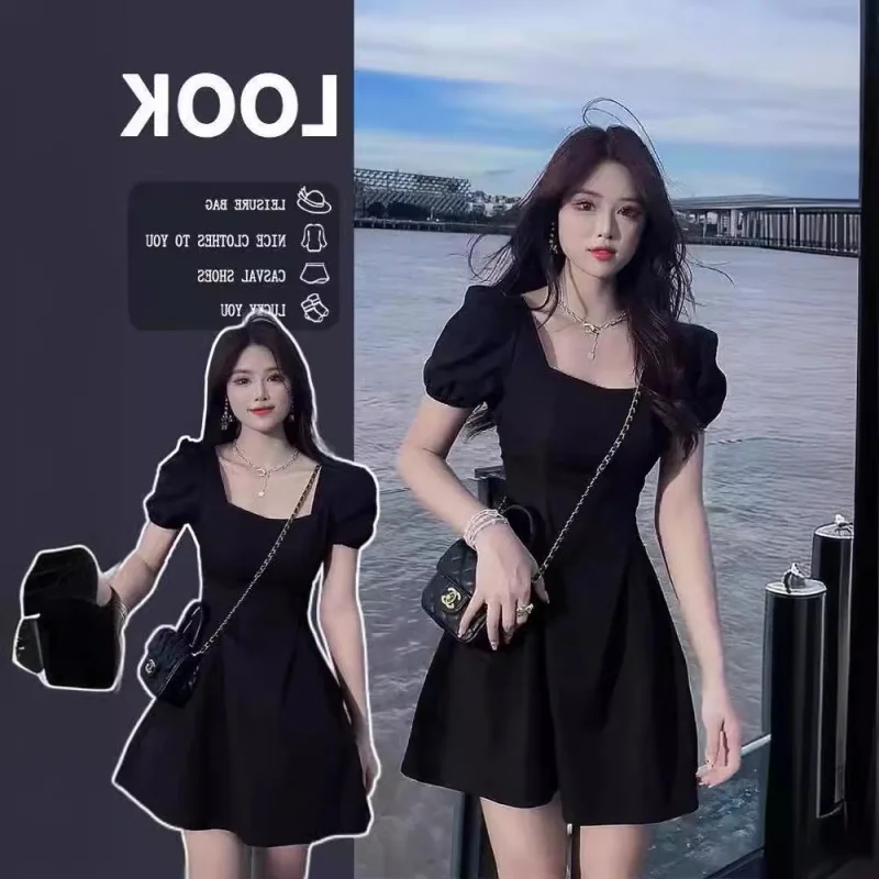 

Hepburn Style Black Dress, Summer New Style, French Retro Square Neck, Bubble Sleeves, Waist Cinching Dress, Sweet And Spicy