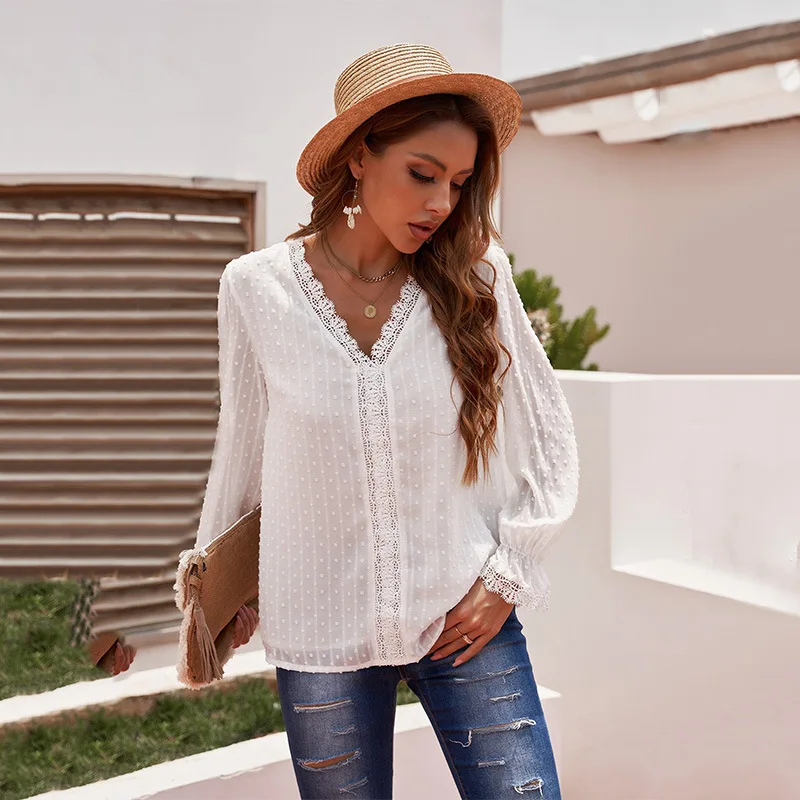 

Women Chiffon Blouse Shirts Lace Jacquard Solid Loose V Neck Long Lantern Sleeve