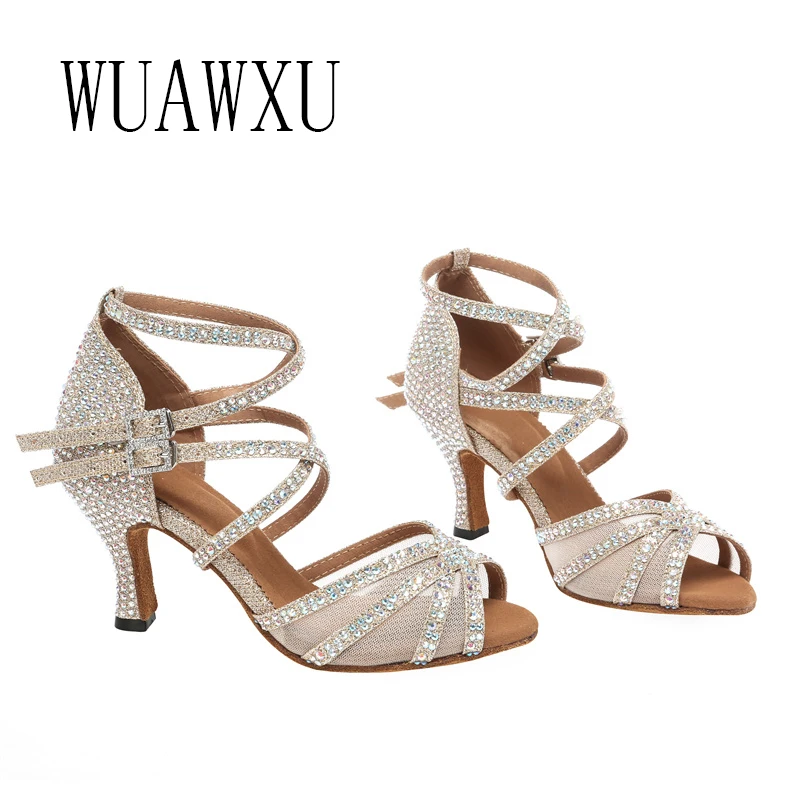 NATASHA New Diamond Inlaid Latin Dance Shoes Women\'s Fashion Soft Sole Dance Shoes Sandals Champagne 7.5 cm Heels