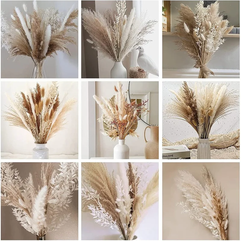 79 sztuk naturalne suszone puszyste Pampas trawy bukiet zestaw, Boho Home Decor pompatyczna trawa duża trzcina Bunny Tail pszenicy łodygi dekoracyjne