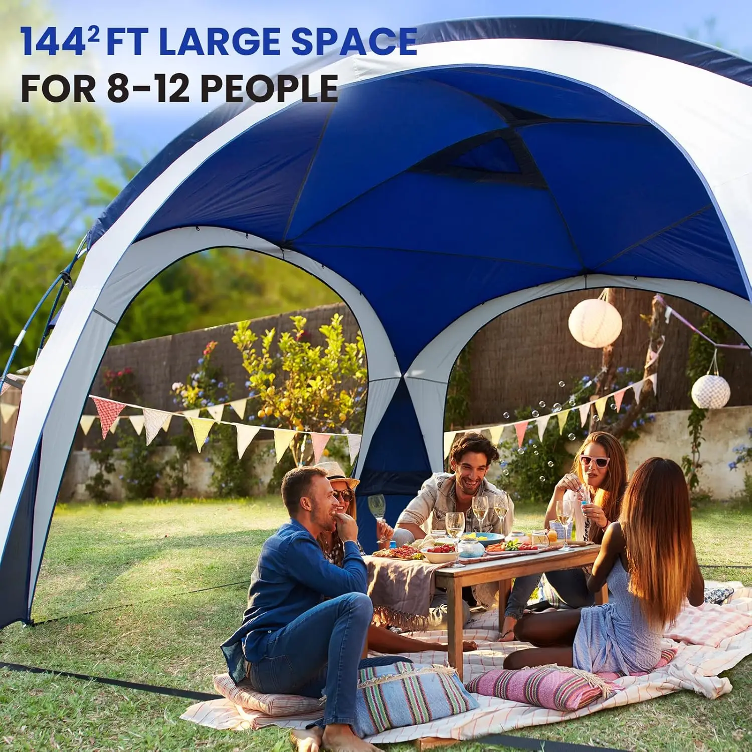 Large Beach Canopy Tent UPF 50+ 12x12 ft Waterproof & Rainproof Dome Sun Shelter for 8-10 Person with 2 Side Walls