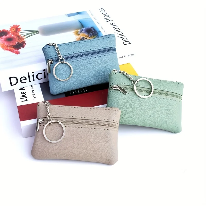 Lychee Faux Leather Mini Coin Purse Double Zipper Small Card Wallet With Key Ring Pocket Change Pouch For Shopping Accessory