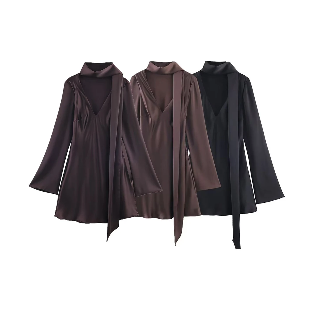 KASLEAD 新しい女性用ファションシンプルシルクサテン風スカーフ Dr 89433 ロングスカート Vネック 通勤 フェアリースカート Dr