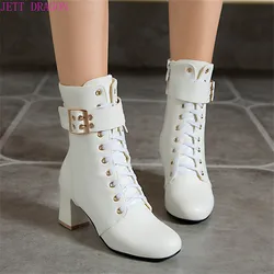 2024 Autumn Women Boots Square High Heel Ankle Boots Fashion Round Head Buckle Winter Zipper Boots Female Shoes Black White Pink