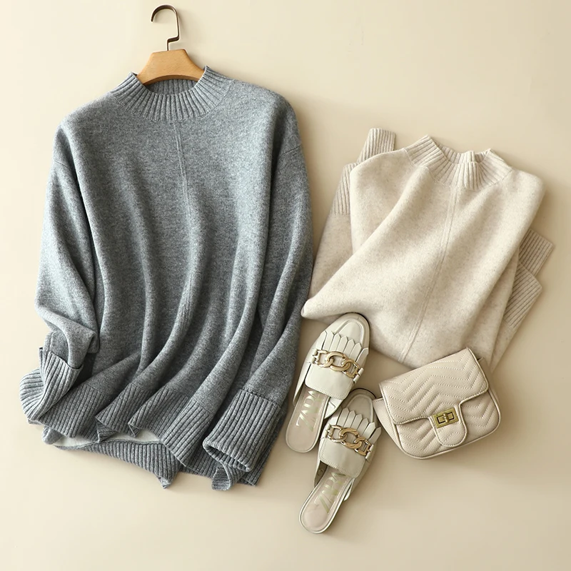 100% Cashmere Sweater Women Casual Style Solid 2 Colors Sweatshirt Loose O Neck Long Sleeves New Fashion