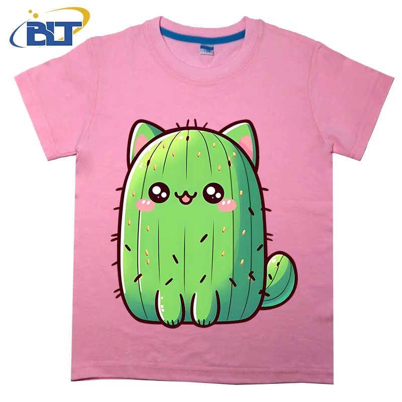 Camiseta con estampado de Cactus y gato para niños, top informal de manga corta de algodón puro, adecuado para niños y niñas, Verano