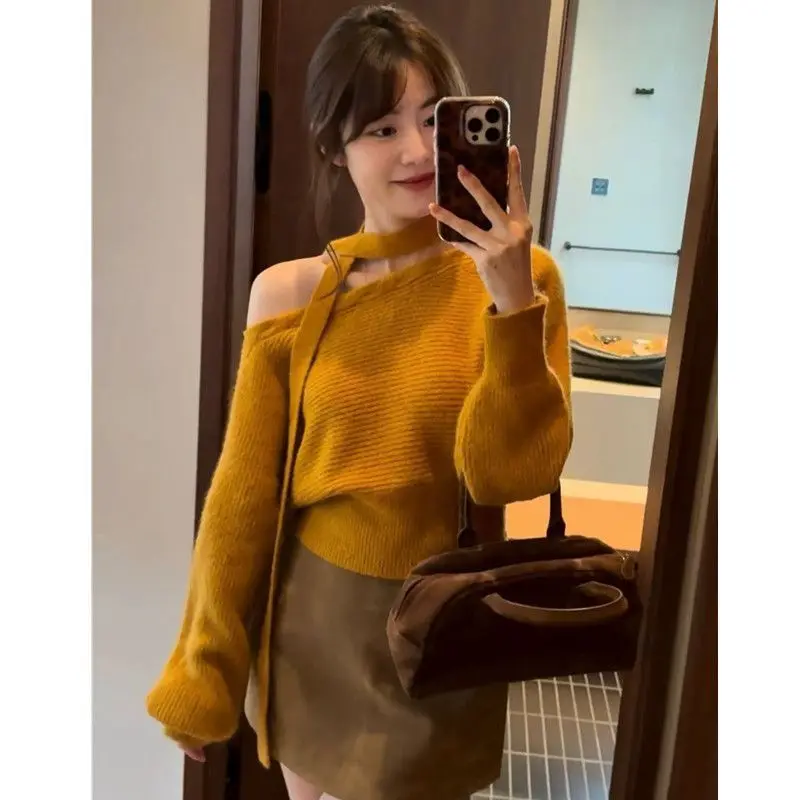 

French Off Shoulder Sweater 2025 Autumn Winter Ribbon Detail Knit Top Coquette Aesthetic Waist Defining Womens Fashion