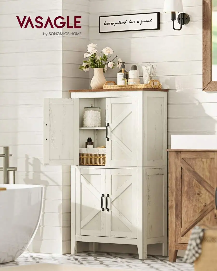 Farmhouse Storage Cabinet, Bathroom Floor Cabinet With Barn Doors, Freestanding Kitchen Pantry, Adjustable Shelves, For Dining R