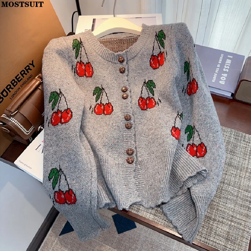 Cherry Jacquard Thicken Knit Cardigan Sweater Women Elegant Fashion Ladies Coat Tops 2024 Autumn Long Sleeve Female Jumpers