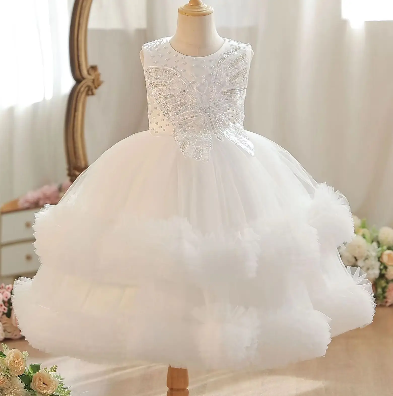 Butterfly Girls' Party Dress Pearls Tutu Kid Girl Princess Dresses Puffy Child Clothes