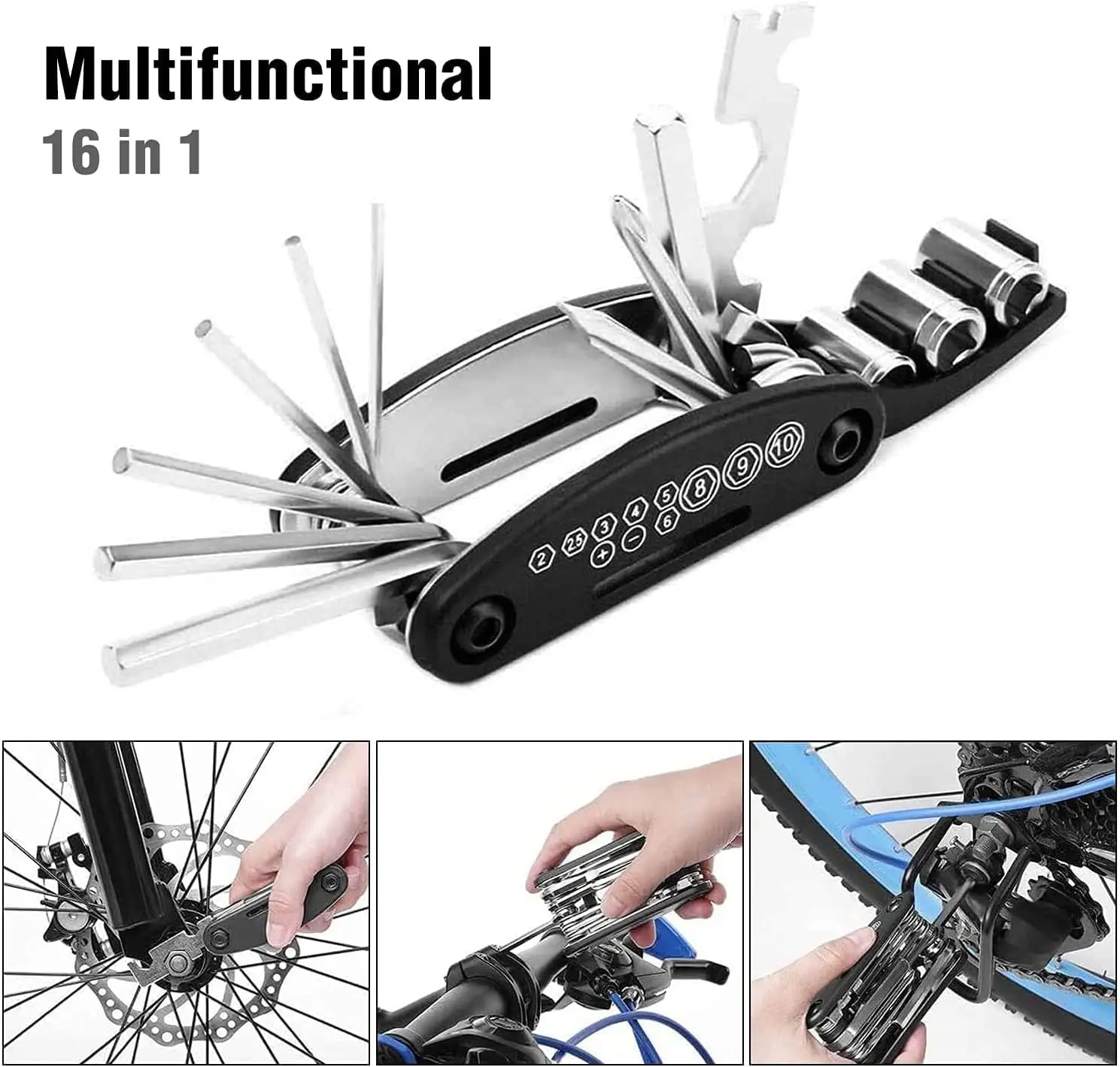 16 In 1 Multi-Function Bike Tool Kit - Portable Foldable Bike Multitool Cycling Tool Kit With Allen Wrench,Tire Levers