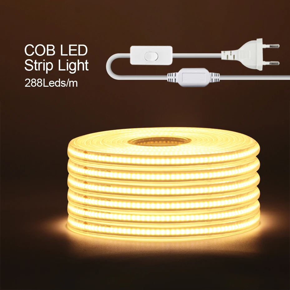 Tira de luces LED COB de cinta Flexible impermeable de 220V con enchufe de interruptor UE AU cinta Led para habitación dormitorio cocina iluminación interior