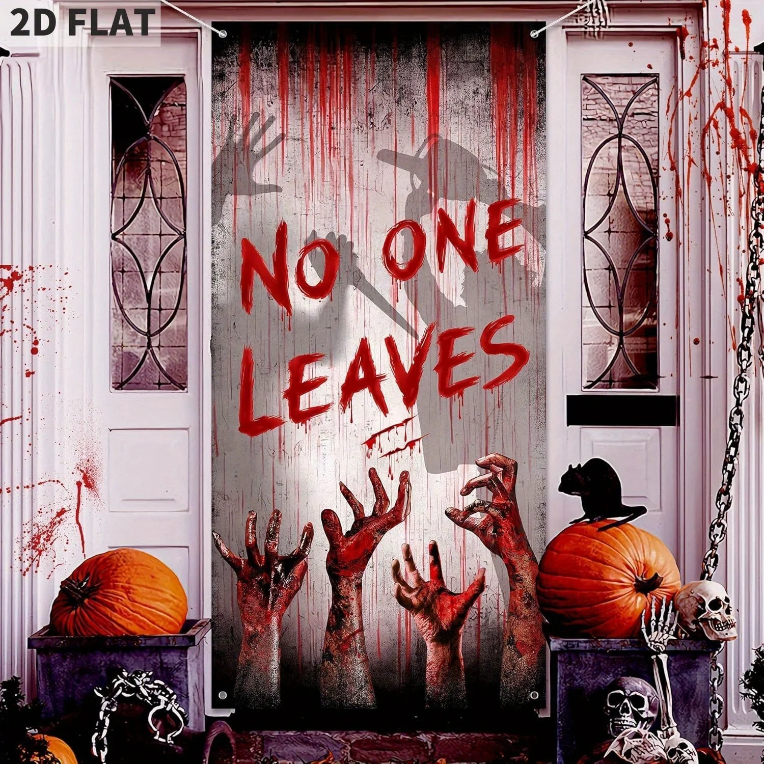 Scary Halloween Bloody Banner- Creepy Backdrop for Haunted House, Front Door, Doorway Scary Handprint and Shadowy Figure