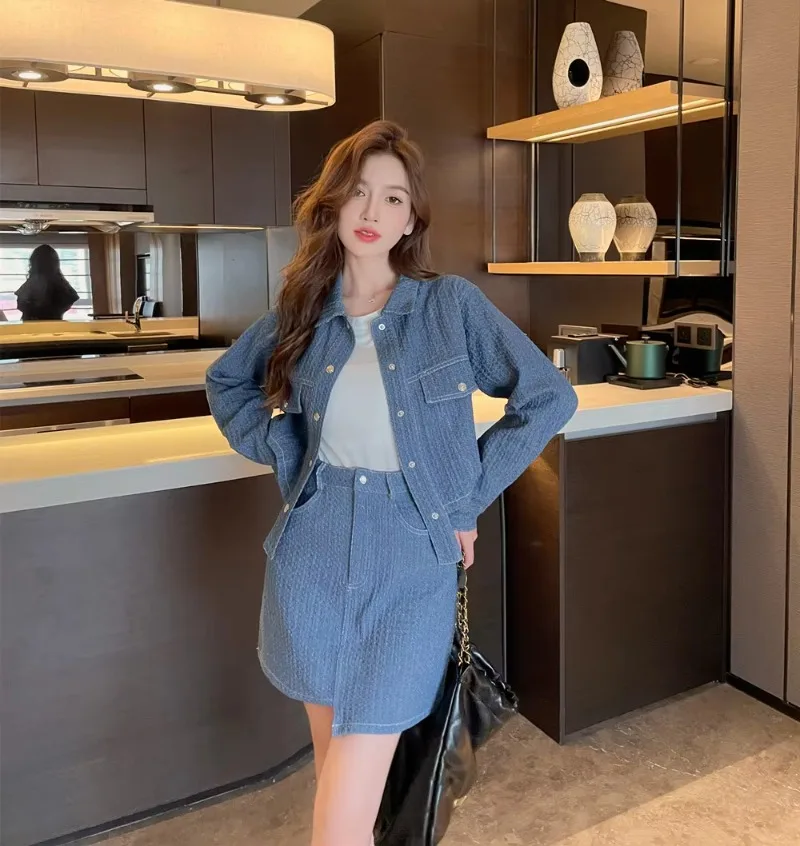 Insozkdg Spring Autumn Elegant Denim Skirt Suits Chic Style Irregular Long-sleeved Jacket + A-line Skirt Two-piece Set Women's