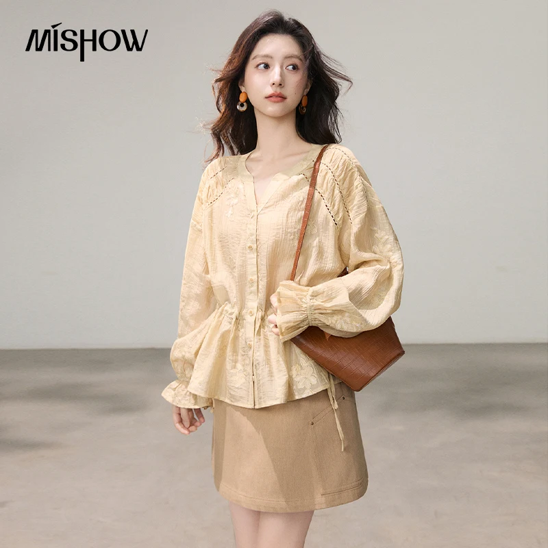 

MISHOW Full-coverage Floral V-neck Embroidery Blouses 2026 Spring Waist-Slimming Top with Drawstring Design Shirt MXF16X2561