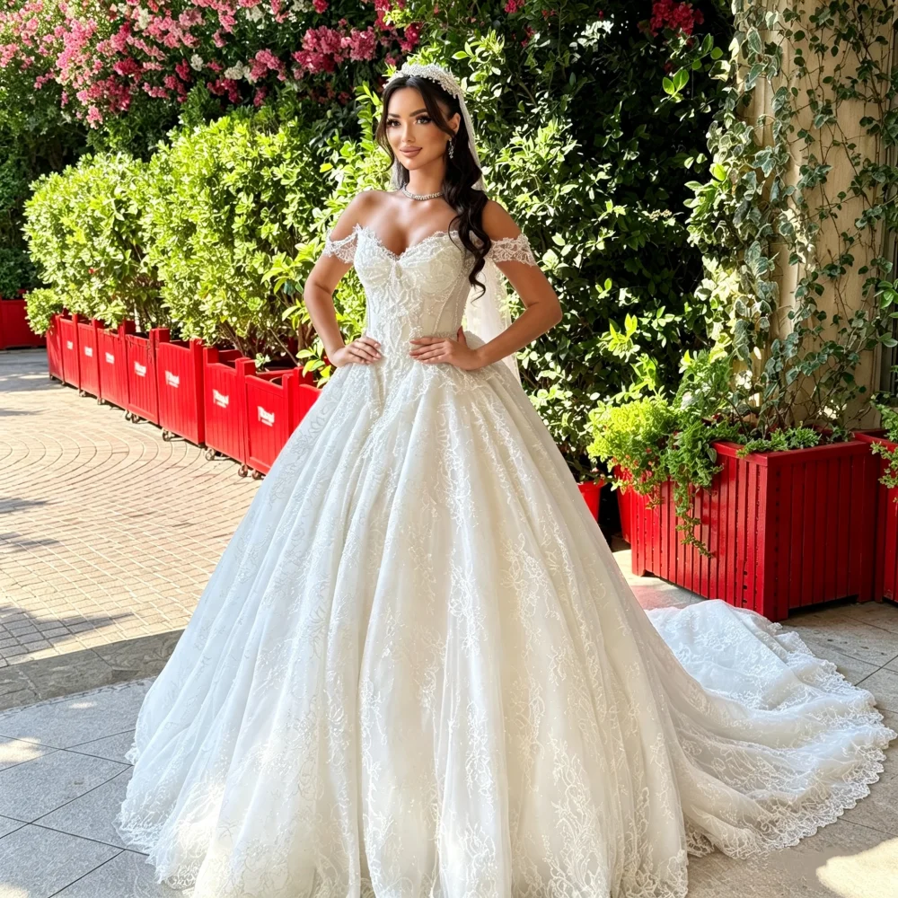 Off shoulder Sweetheart Lace Sleeve Ball Dress Sparkling Flower Lace A-line Wedding dress Elegant Princess Bride Dress Customiza