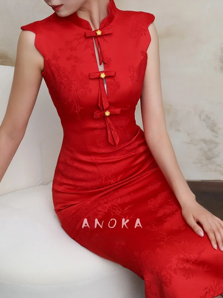 

Red Chinese Sle Wedding Dr Vintage Ele Fem New Bride Ceremony Dr Mid-Length Svel Polyester Fiber