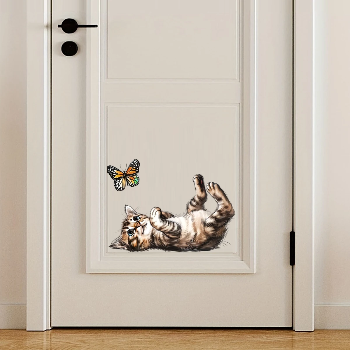 1pc Naughty Cat Wall Sticker Toilet Sticker, a playful cat lying on the ground catching butterflies, decorating the door wall