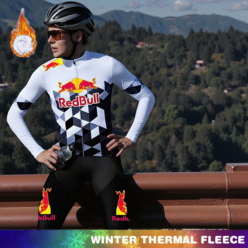 

RED BULL Cycling Sets Fleece Jersey Men Bike Winter Men's Biking Clothes Termal Sportswear Set Mountain Bikes Man Thermal Outfit