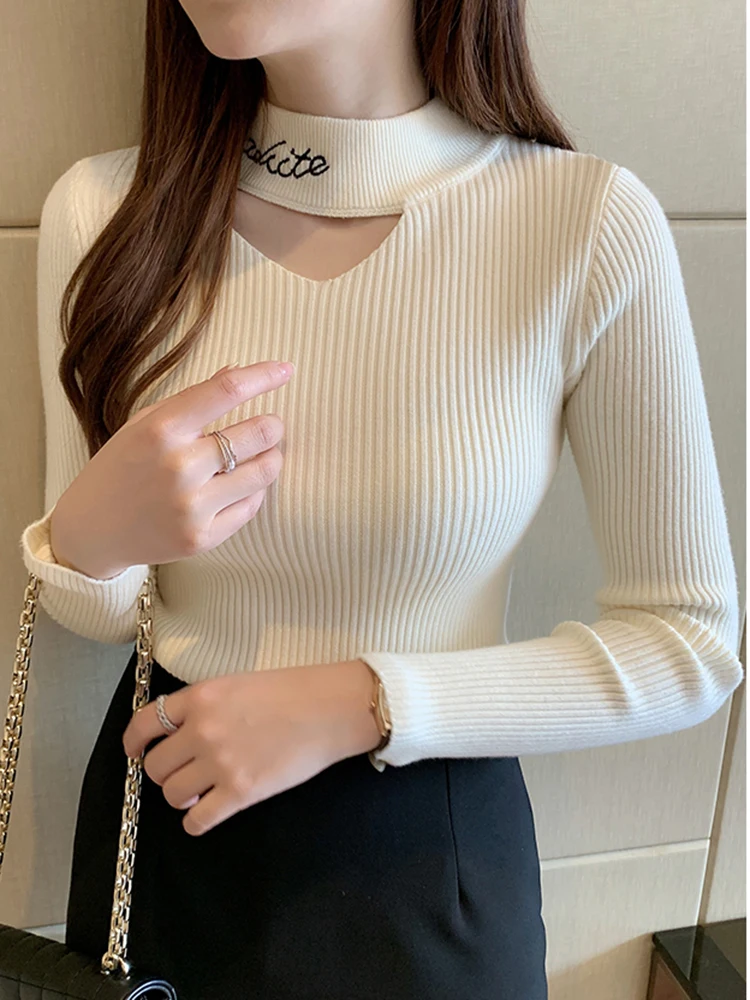 Letter Embroidery Hollow Out Mock Neck Women Sweater Autumn Winter Tops Slim Jumper Soft Warm Female Pullover Knitted Sweaters