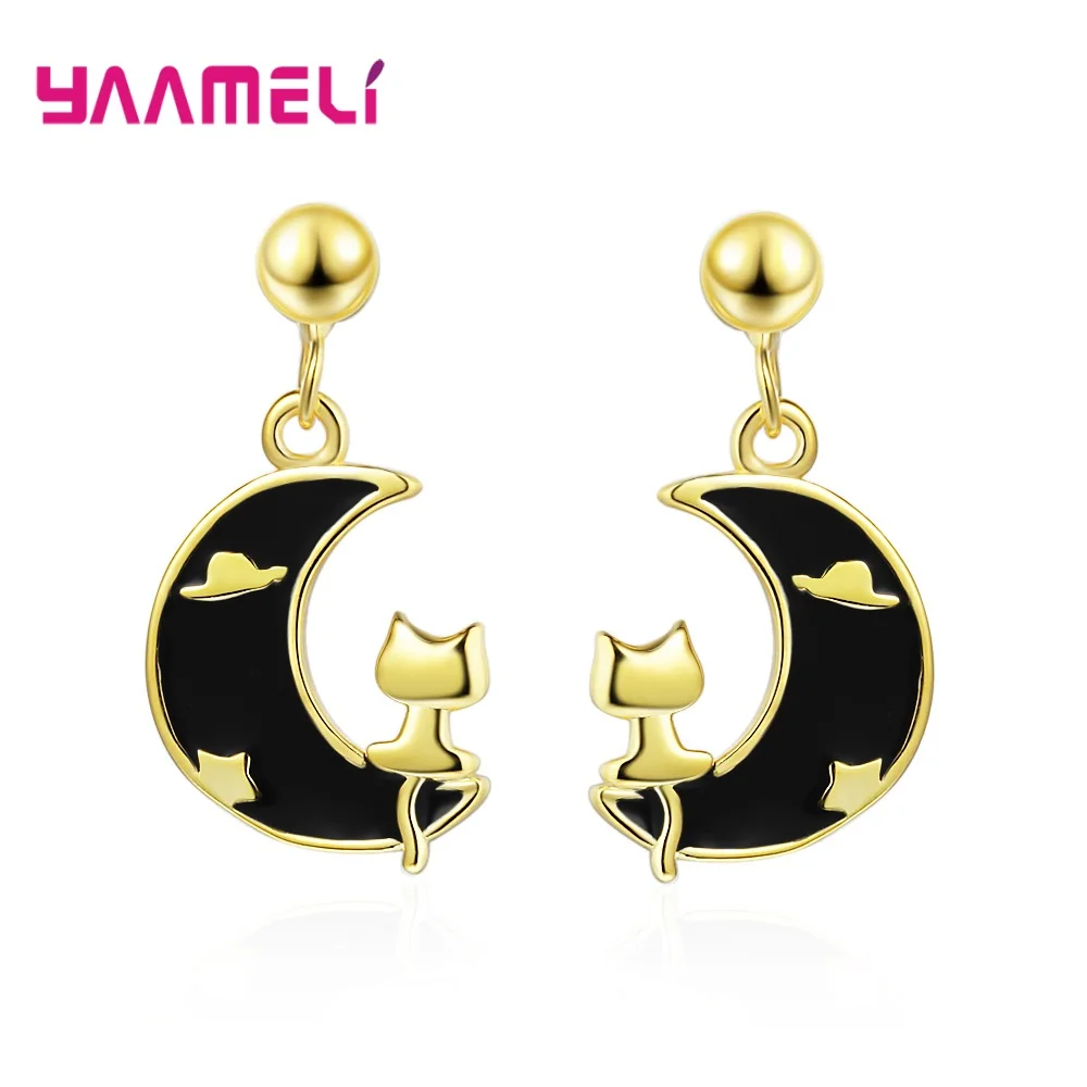 Latest 925 Sterling Silver Jewellery Enameled Moon Cute Cat Charm Drop Earrings for Women Wedding Engagement Party Accessories