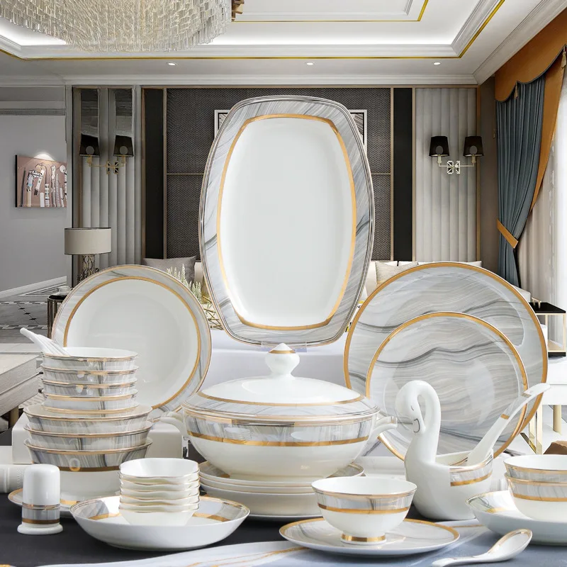 Tableware set, bowl set, household light luxury edge 60 heads, new dishes for 10 people, bowl and chopsticks set