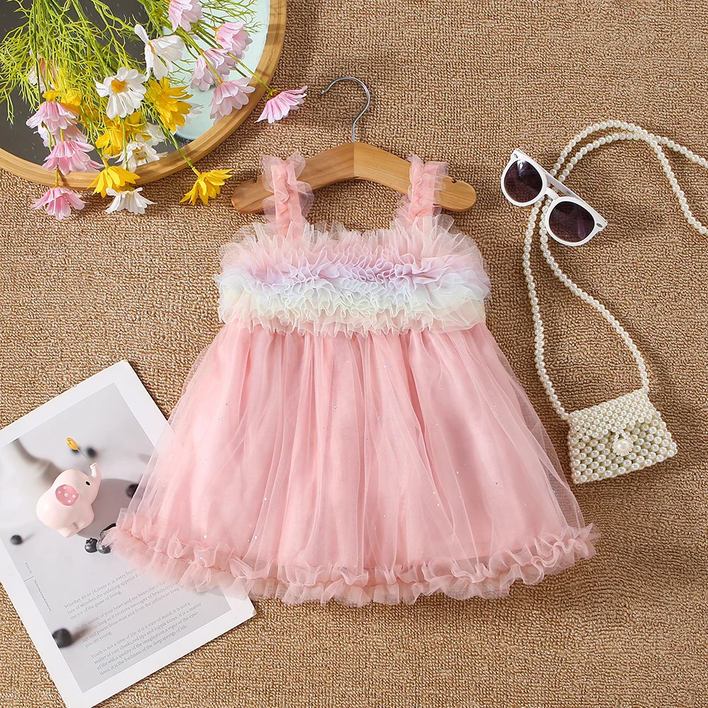 Baby girl dress summer 0-3 year old baby girl colorful mesh patchwork solid color mesh suspender princess dress