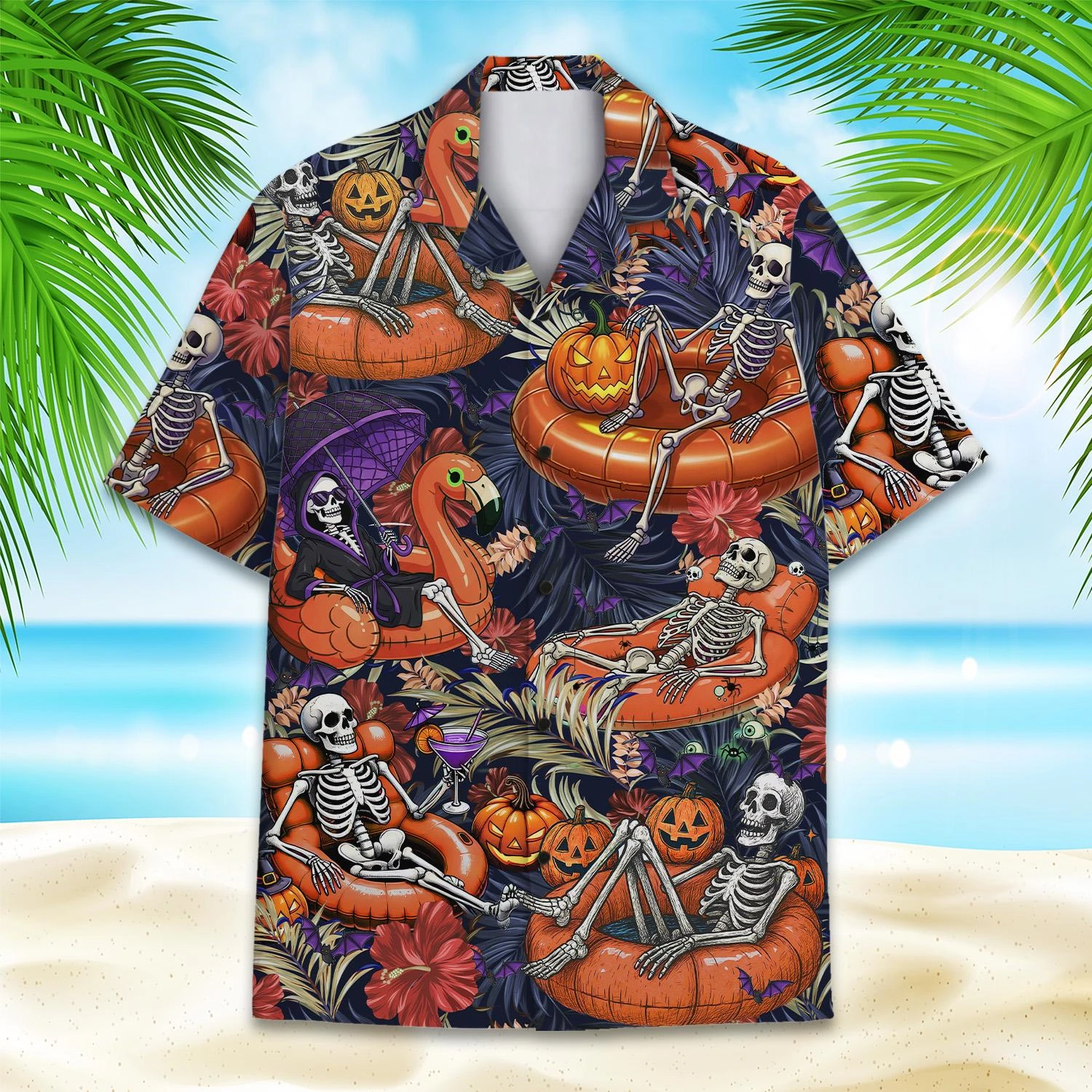 

Гавайская рубашка с черепом 2025, забавные рубашки для отдыха на Хэллоуин, рубашка для бассейна с изображением мрачного жнеца, фламинго, унисекс, блузки с тропическим скелетом