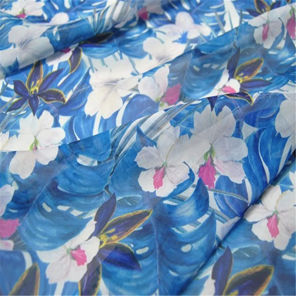 Smooth Blue Color Smooth Big Lily Flower Foral Printed Pure Silk Chiffon Fabric for Lovely Lady Elegant Dress