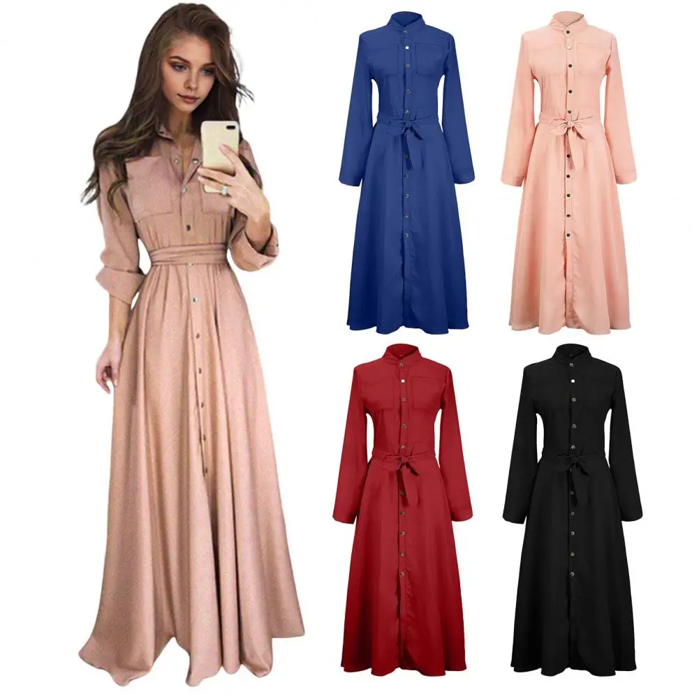 

Casual Cut Dress Long Sleeve Dress Elegant A-line Lapel Long Dress with Lace-up Detail Slim Waist Pleats Women's Fall Spring