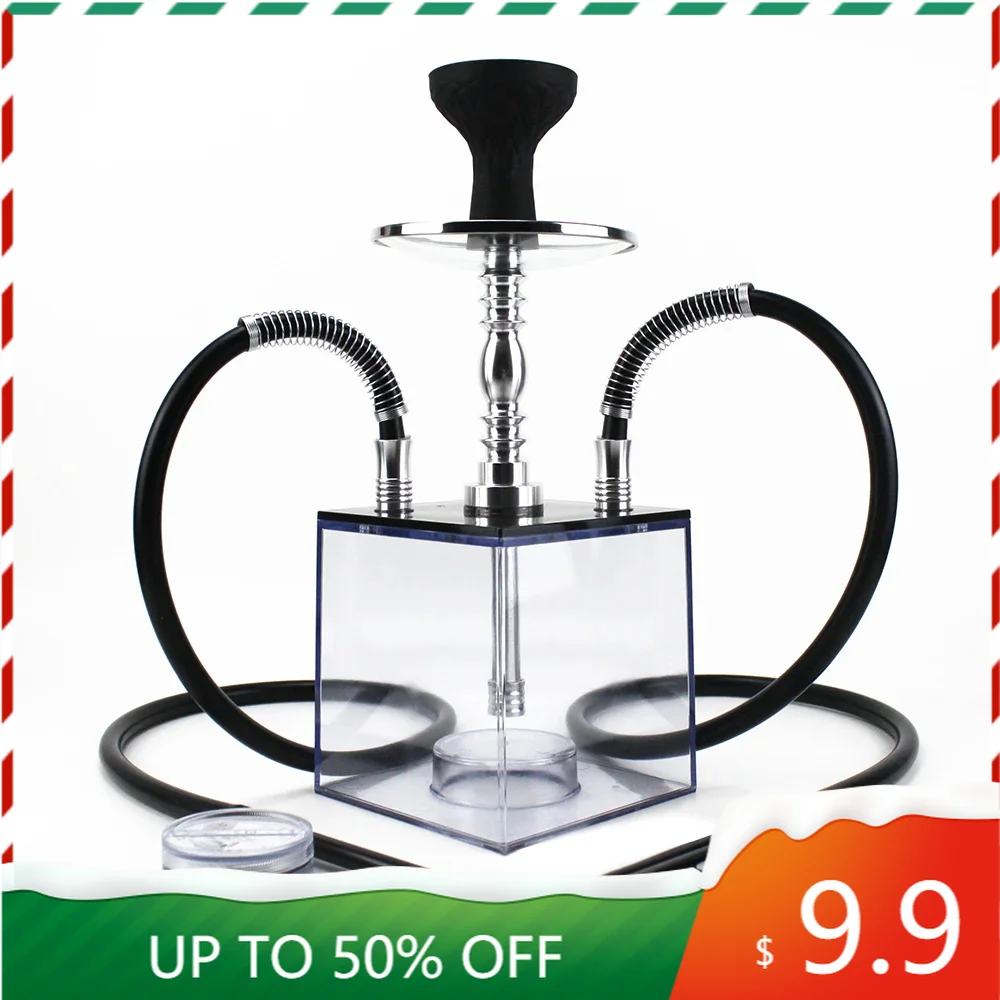 Cube Acrylic Hookah Shisha Set With 2 Hose LED Light Silicone Bowl Hookahs