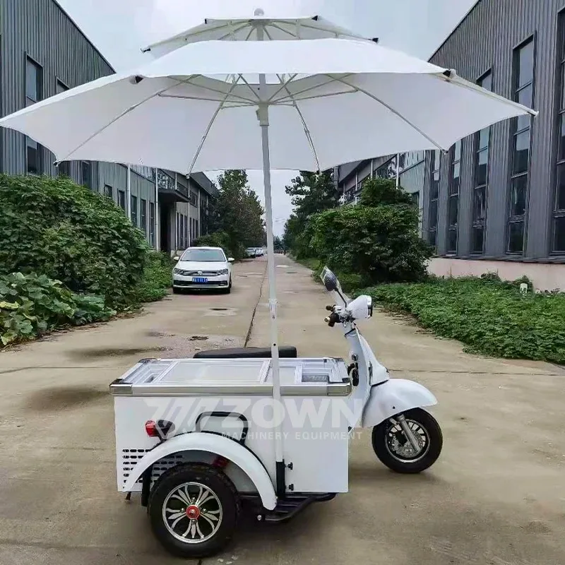 Горячая продажа белая электрическая передвижная поплавковая тележка для мороженого с солнцезащитным козырьком