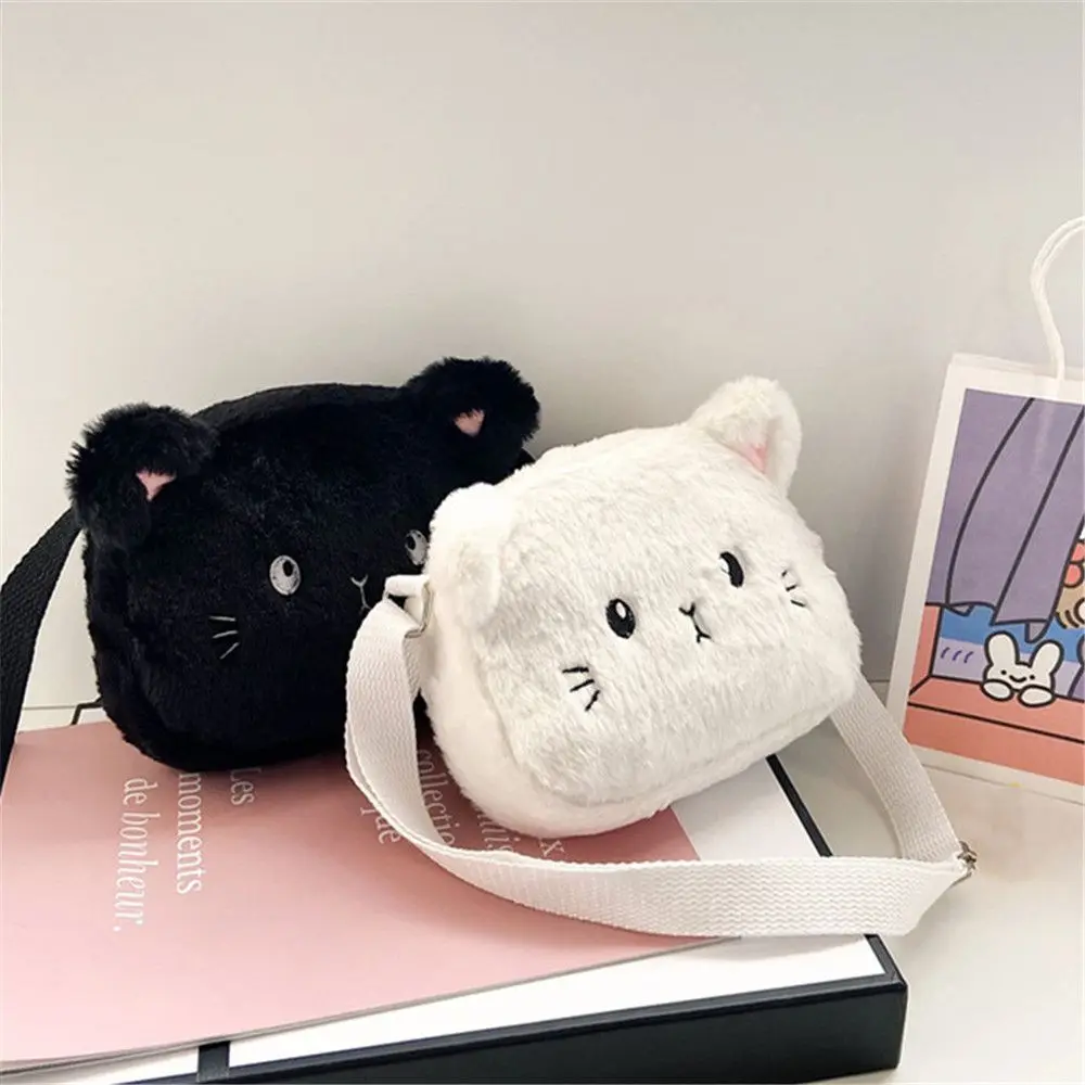 Cute Soft Plush Shoulder Bag Cartoon Cat Baby Girls Messenger Small Bag Kids Handbags Coin Purse Large Capacity Lovely