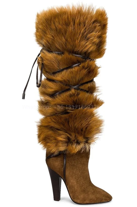 Brown Fur Design Pointed Toe Knee High Boots Fashion Warm Lady Spike High Heel Suede Boots Sexy Women Strappy Shoes 2024