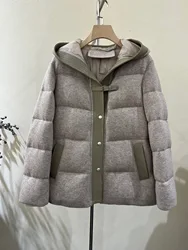 Casual high quality genuine leather trim cashmere puffer