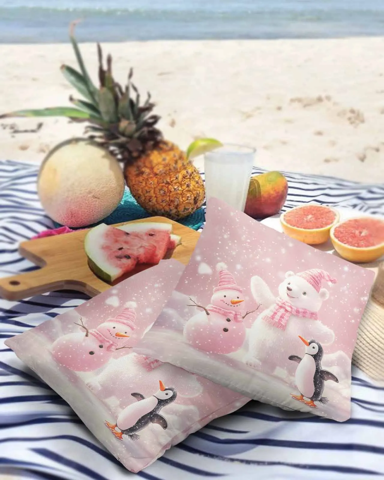 Pink White Bear And Penguin Snowman Pillowcase Set Living Room Sofa Decor Cushion Cover Waterproof Throw Pillowcover