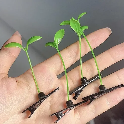 Imagen 2 del producto Juego de horquillas para el cabello, pinzas para el cabello de plantas verdes de estilo realista, juego de pinzas para el cabello con brotes de frijol realistas, horquillas de plantas divertidas con primavera
