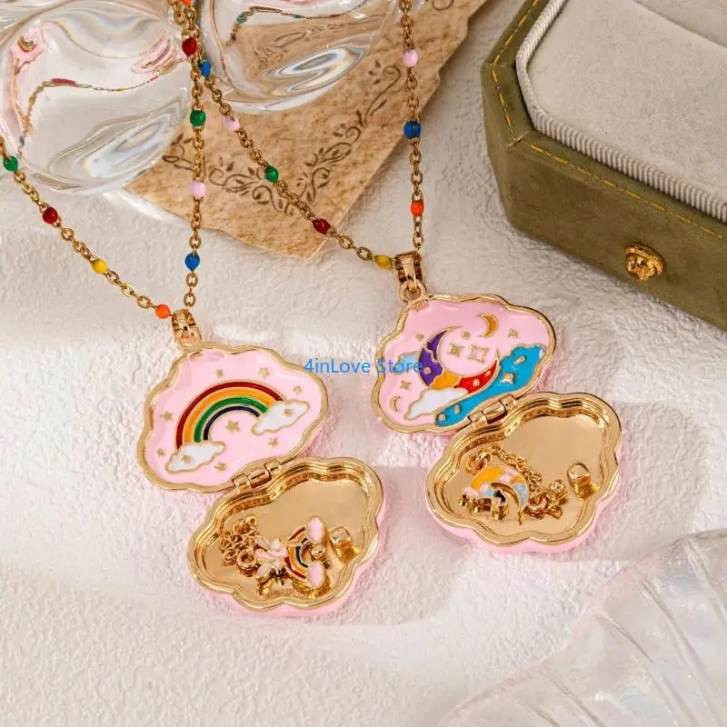 T4MD Gold-Tone Beaded Chain Necklace with Copper Cloud Pendant, Opening Locket and Suspended Center Piece, 17.7 in Extension