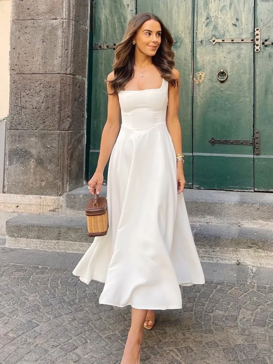 

Elegant Square Neck Midi Dress for Women Summer Sleeveless High Waist Party Wedding Dress Female Chic Holiday Evening Vestidos