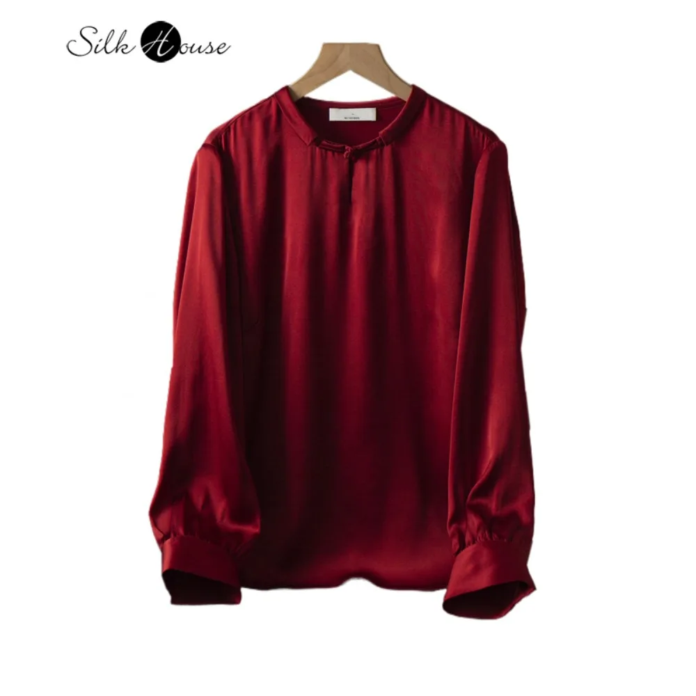 

2026 Women's Fashion Spring Clothing 100% Natural Mulberry Silk Satin Breathable Wine Red Pan Button Lantern Long Sleeve T-shirt
