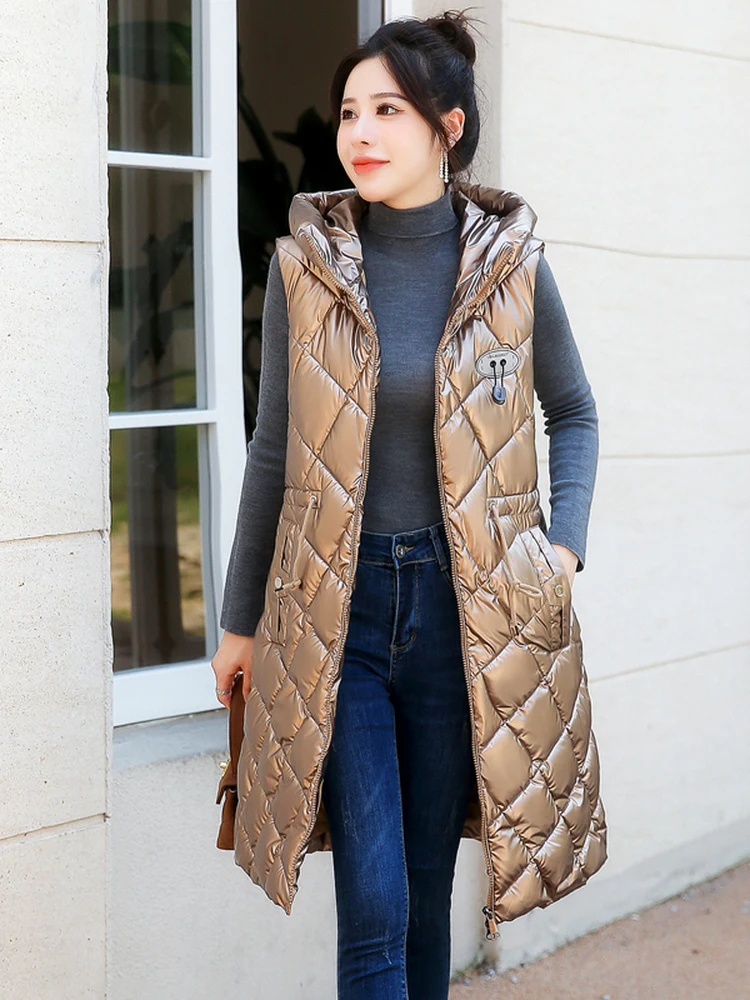 

Autumn Winter Women's Slim Fit Long Hooded down Cotton Vest Faionable Versatile Waed Cotton Jaet Chinese Brand