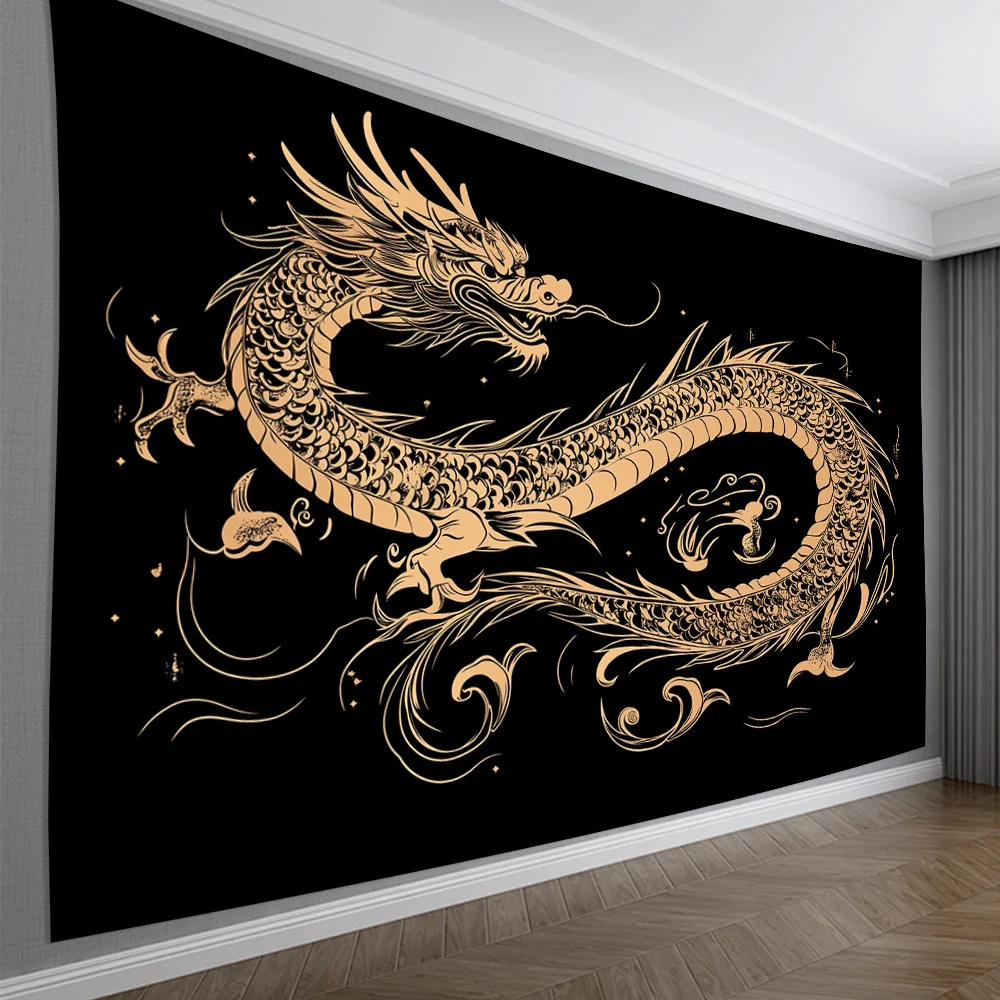 Tapiz de dragón dorado para colgar en la pared, poliéster, sin plumas, sin necesidad de energía, versátil para sala de estar, dormitorio, oficina, 1 ud.