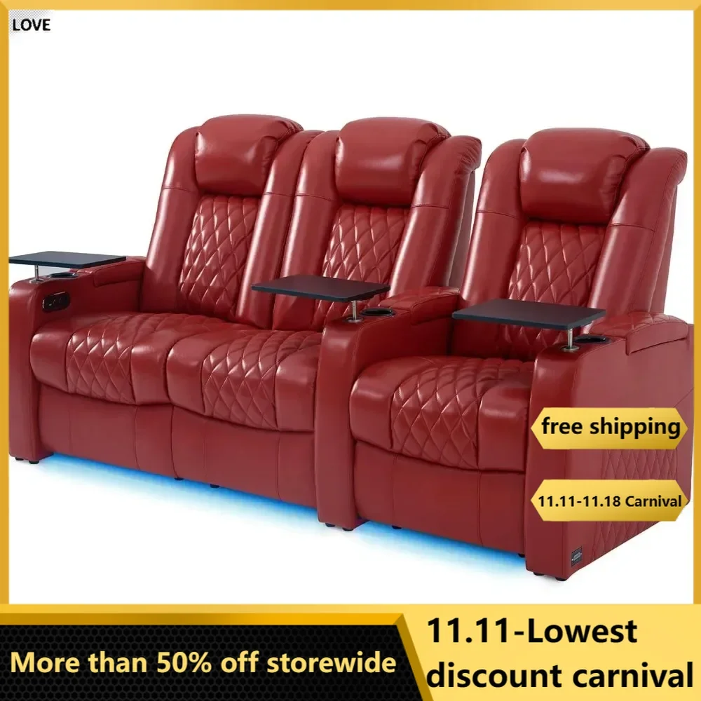 Reclining Sofas, Dual Power Electric Headrest Seats Movie Theater Chairs Top Leather Theater Recliner Sofas