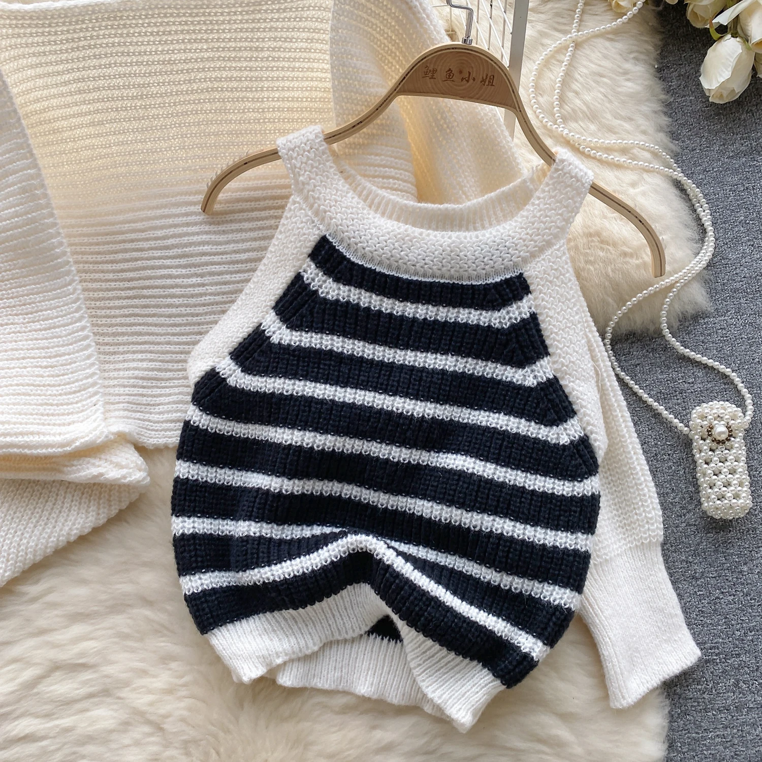 Sexy Chic Knit Two Pieces Sets Off Shoulder Sleeveless Striped Short Camis Vest Witht Loose Coat Autumn Winter Odzież damska